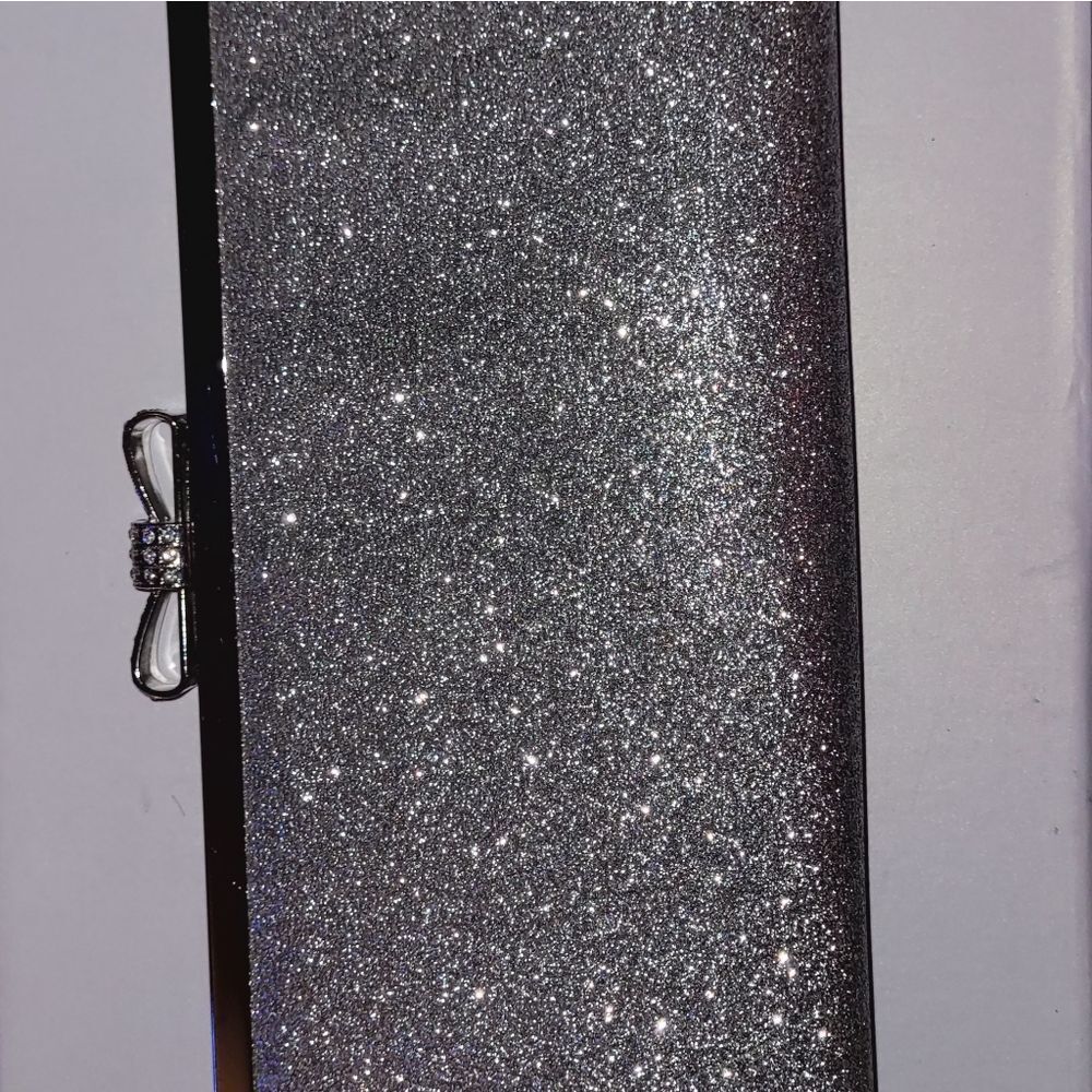 Inc International Concepts Silver Glitter Clutch Handbag With Bow & Rhinestones